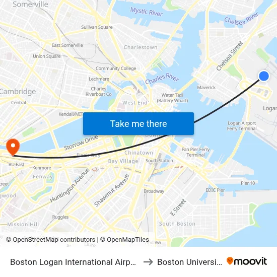 Boston Logan International Airport to Boston University map