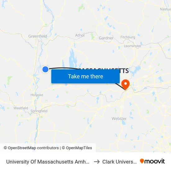 University Of Massachusetts Amherst to Clark University map