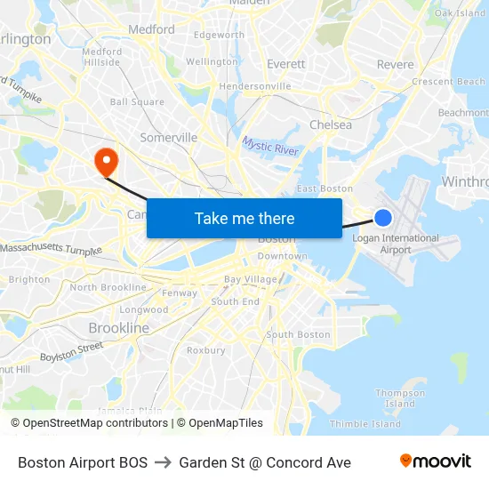 Boston Airport BOS to Garden St @ Concord Ave map