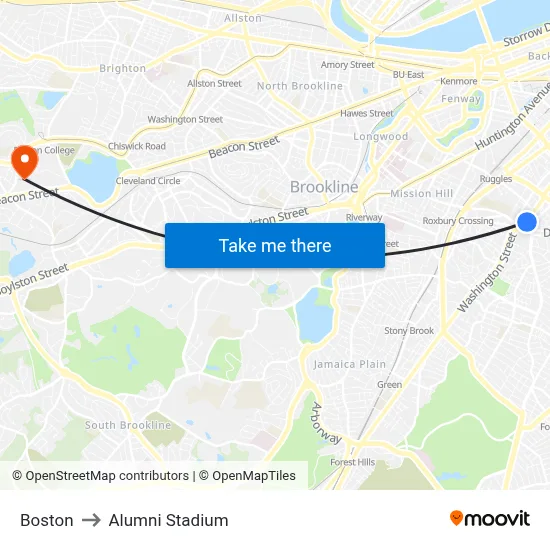 Boston to Alumni Stadium map