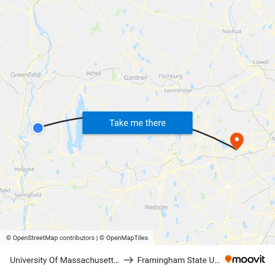 University Of Massachusetts Amherst to Framingham State University map