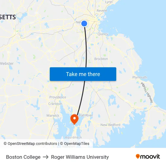 Boston College to Roger Williams University map