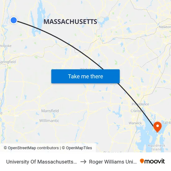 University Of Massachusetts Amherst to Roger Williams University map