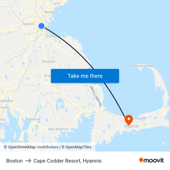 Boston to Cape Codder Resort, Hyannis map