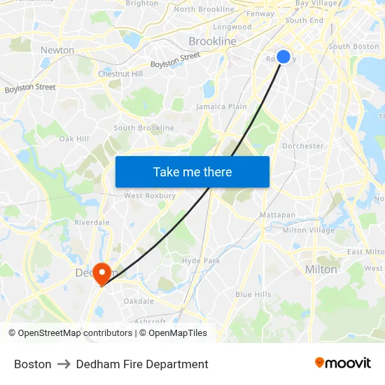 Boston to Dedham Fire Department map