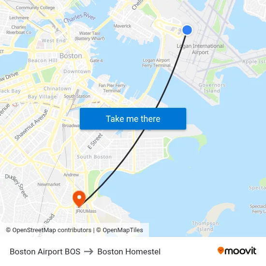 Boston Airport BOS to Boston Homestel map