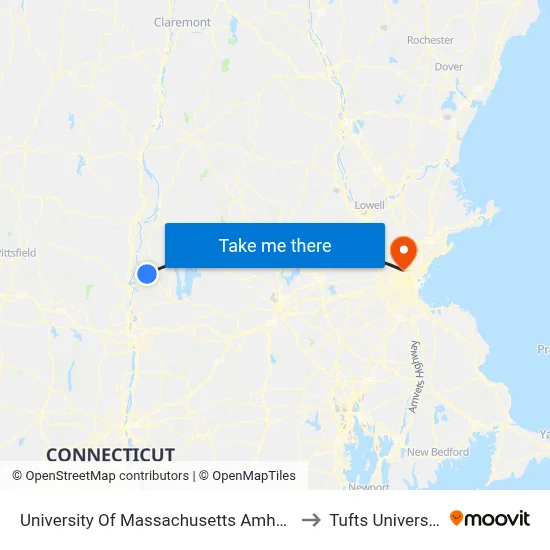 University Of Massachusetts Amherst to Tufts University map