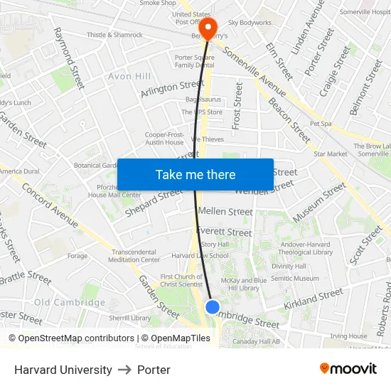 Harvard University to Porter map