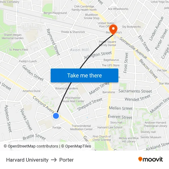 Harvard University to Porter map