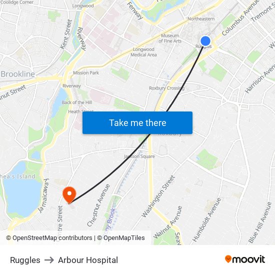 Ruggles to Arbour Hospital map