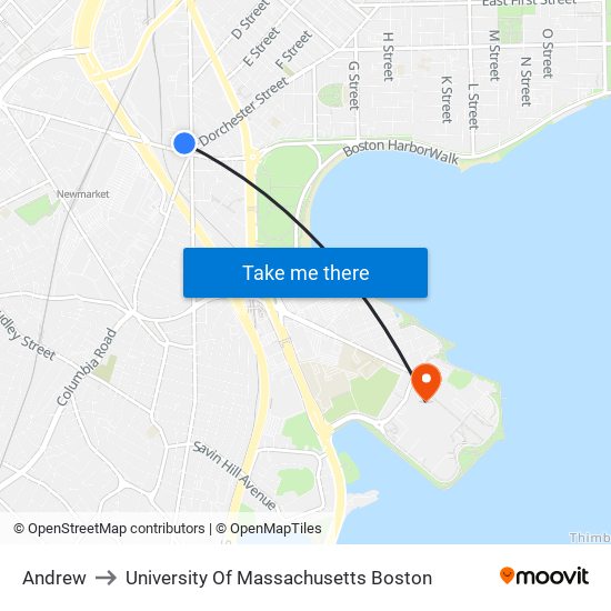 Andrew to University Of Massachusetts Boston map