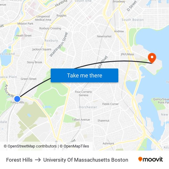 Forest Hills to University Of Massachusetts Boston map