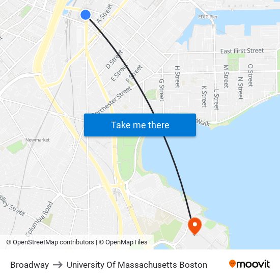 Broadway to University Of Massachusetts Boston map