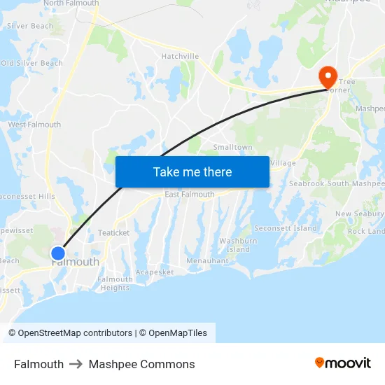 Falmouth to Mashpee Commons map