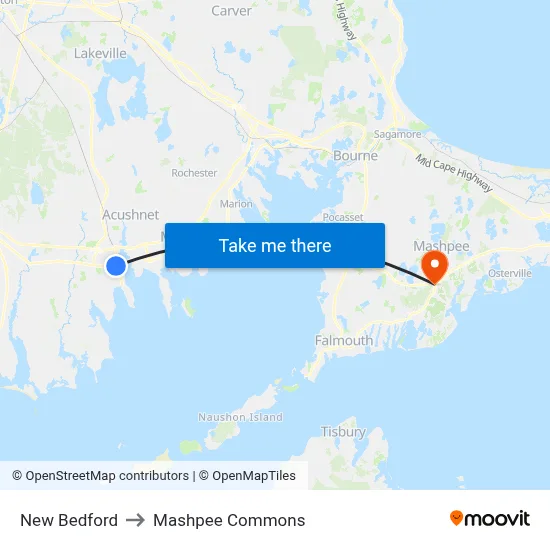 New Bedford to Mashpee Commons map
