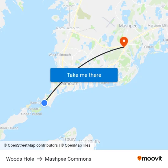 Woods Hole to Mashpee Commons map