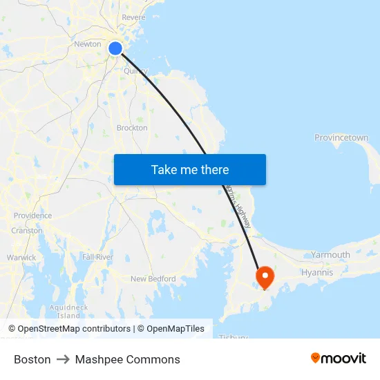 Boston to Mashpee Commons map