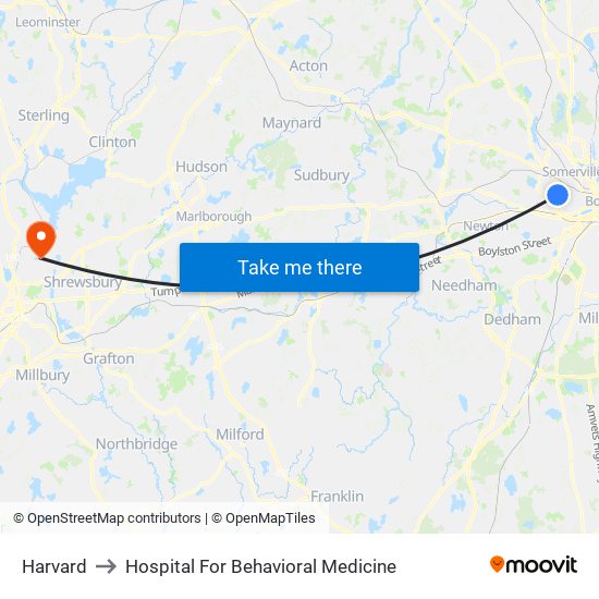 Harvard to Hospital For Behavioral Medicine map