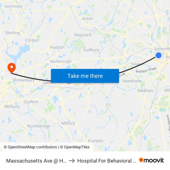 Massachusetts Ave @ Holyoke St to Hospital For Behavioral Medicine map