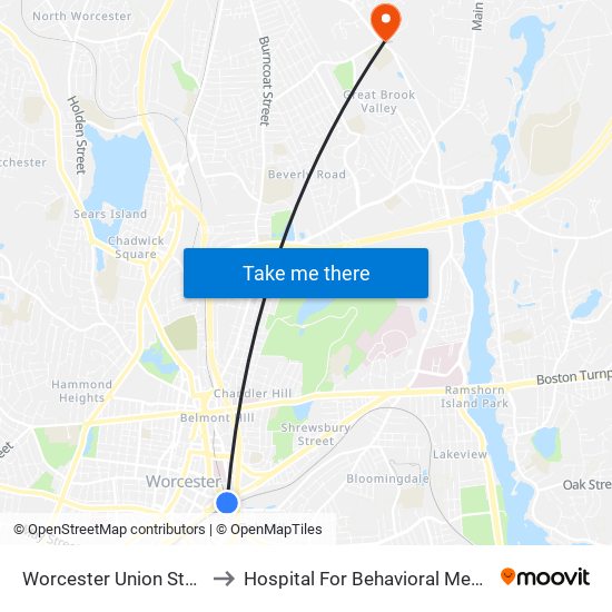 Worcester Union Station to Hospital For Behavioral Medicine map