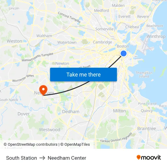 South Station to Needham Center map