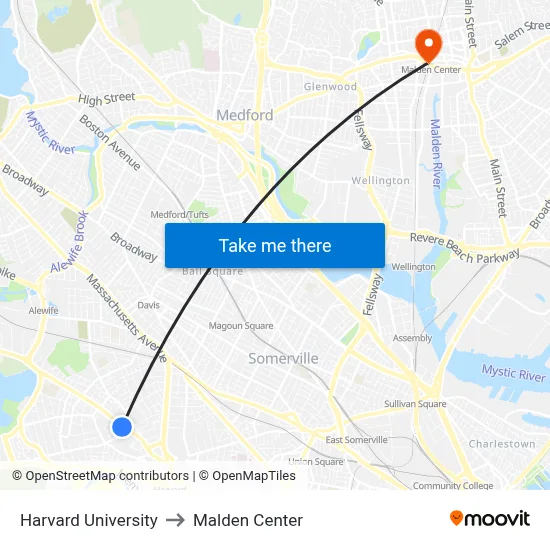 Harvard University to Malden Center map