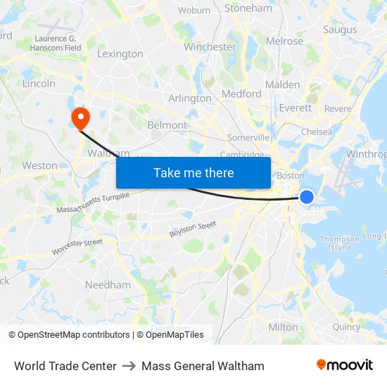 World Trade Center to Mass General Waltham map