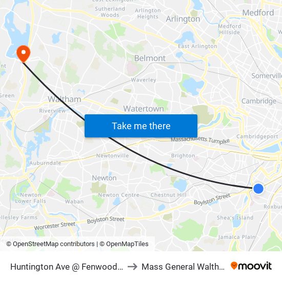 Huntington Ave @ Fenwood Rd to Mass General Waltham map