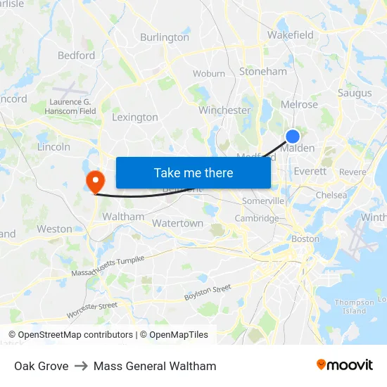 Oak Grove to Mass General Waltham map