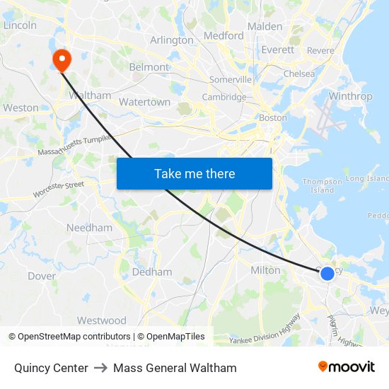 Quincy Center to Mass General Waltham map