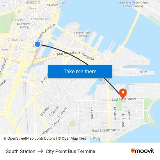South Station to City Point Bus Terminal map