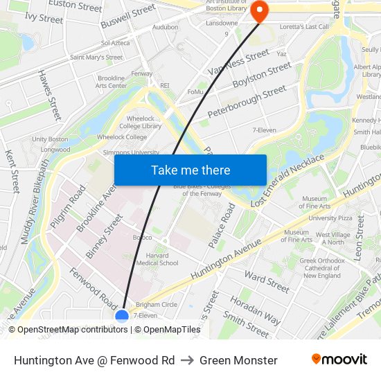 Huntington Ave @ Fenwood Rd to Green Monster map