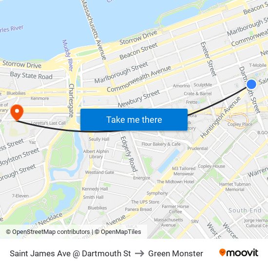 Saint James Ave @ Dartmouth St to Green Monster map