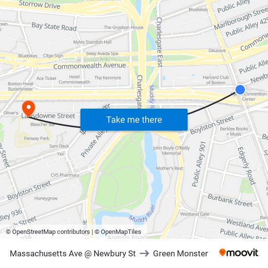 Massachusetts Ave @ Newbury St to Green Monster map