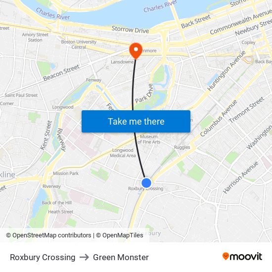 Roxbury Crossing to Green Monster map