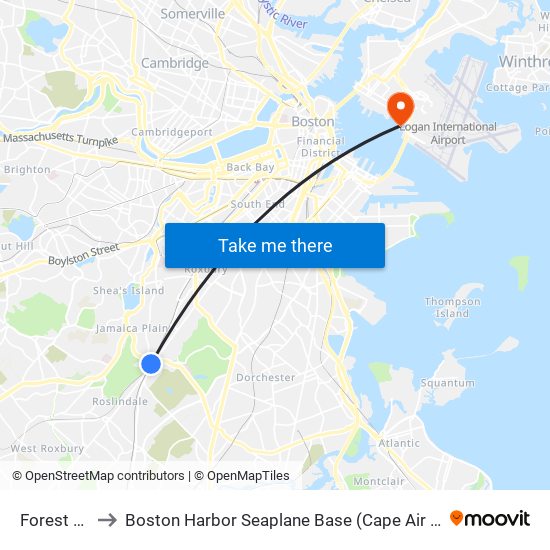 Forest Hills to Boston Harbor Seaplane Base (Cape Air Seaplanes) map