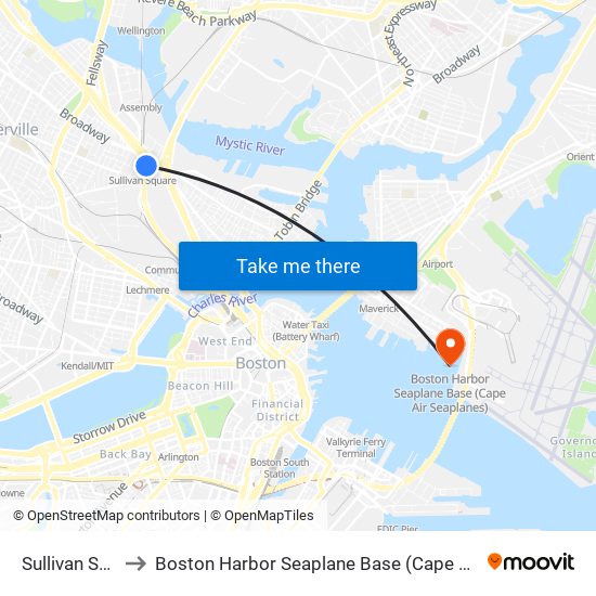 Sullivan Square to Boston Harbor Seaplane Base (Cape Air Seaplanes) map