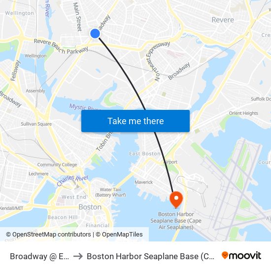 Broadway @ Everett Sq to Boston Harbor Seaplane Base (Cape Air Seaplanes) map