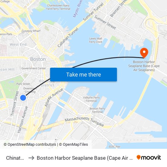 Chinatown to Boston Harbor Seaplane Base (Cape Air Seaplanes) map