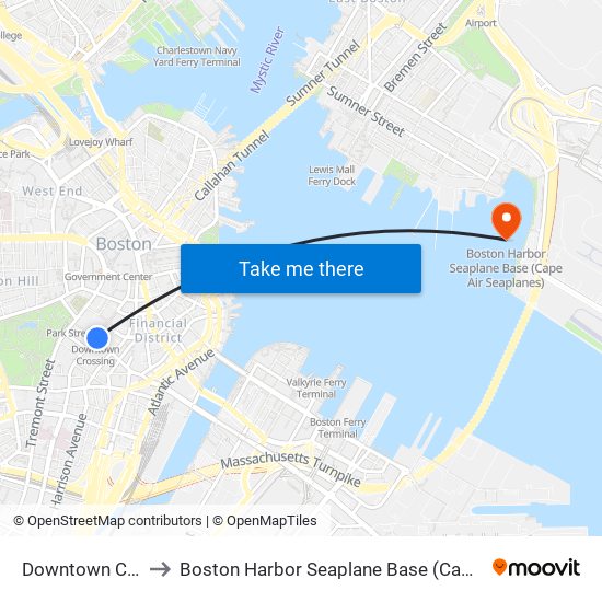 Downtown Crossing to Boston Harbor Seaplane Base (Cape Air Seaplanes) map