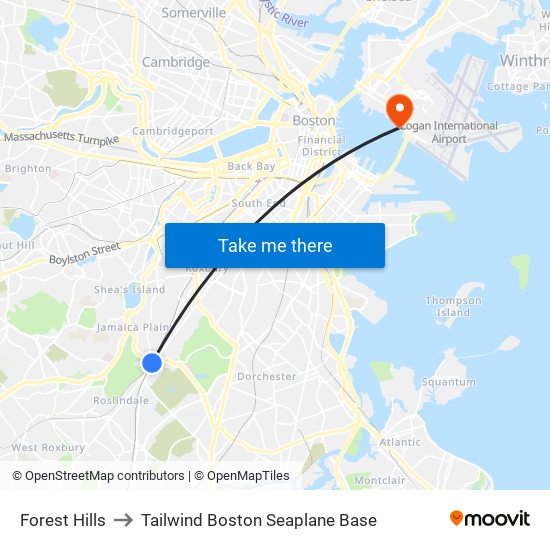 Forest Hills to Tailwind Boston Seaplane Base map