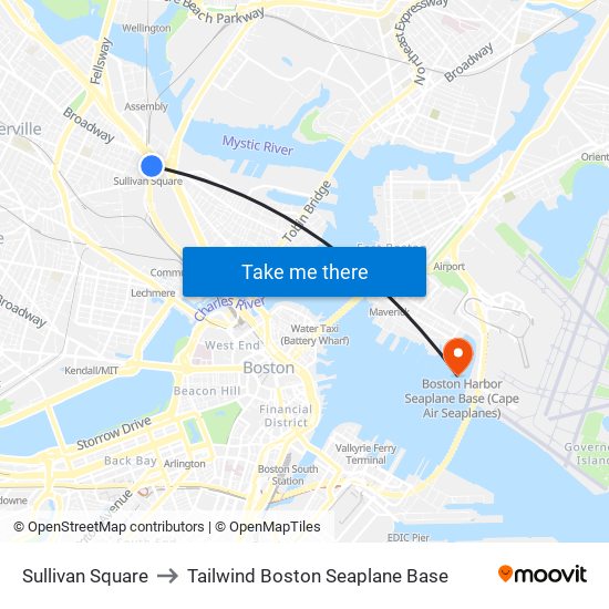 Sullivan Square to Tailwind Boston Seaplane Base map
