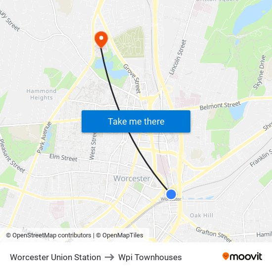 Worcester Union Station to Wpi Townhouses map