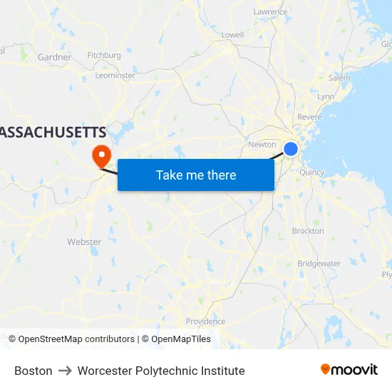 Boston to Worcester Polytechnic Institute map