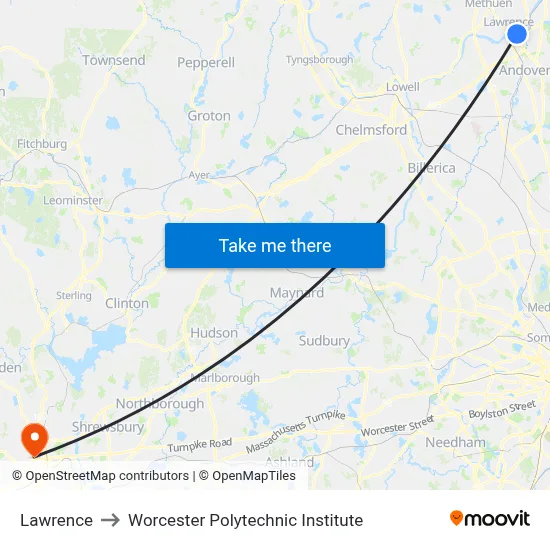 Lawrence to Worcester Polytechnic Institute map