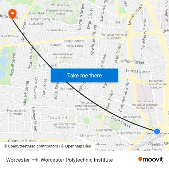 Worcester to Worcester Polytechnic Institute map