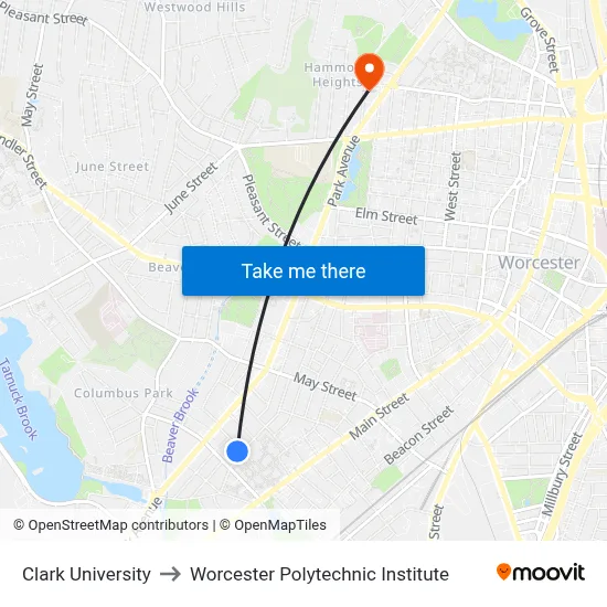 Clark University to Worcester Polytechnic Institute map