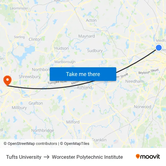 Tufts University to Worcester Polytechnic Institute map