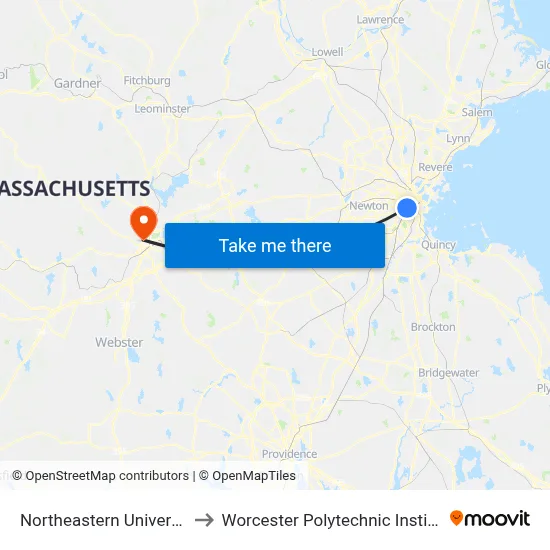 Northeastern University to Worcester Polytechnic Institute map
