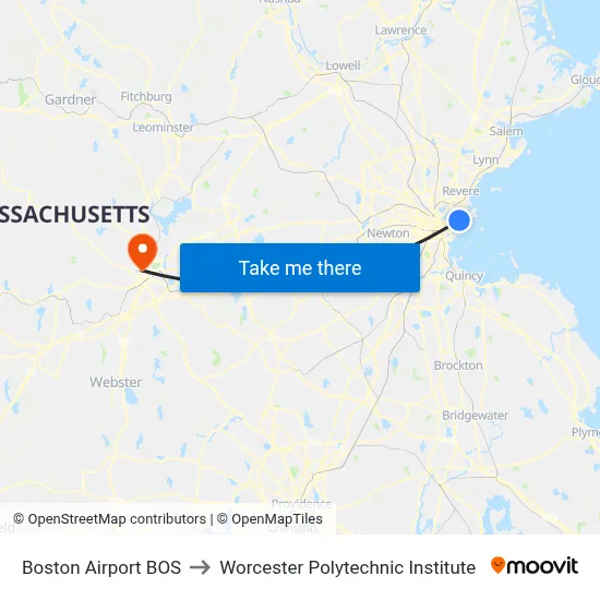 Boston Airport BOS to Worcester Polytechnic Institute map